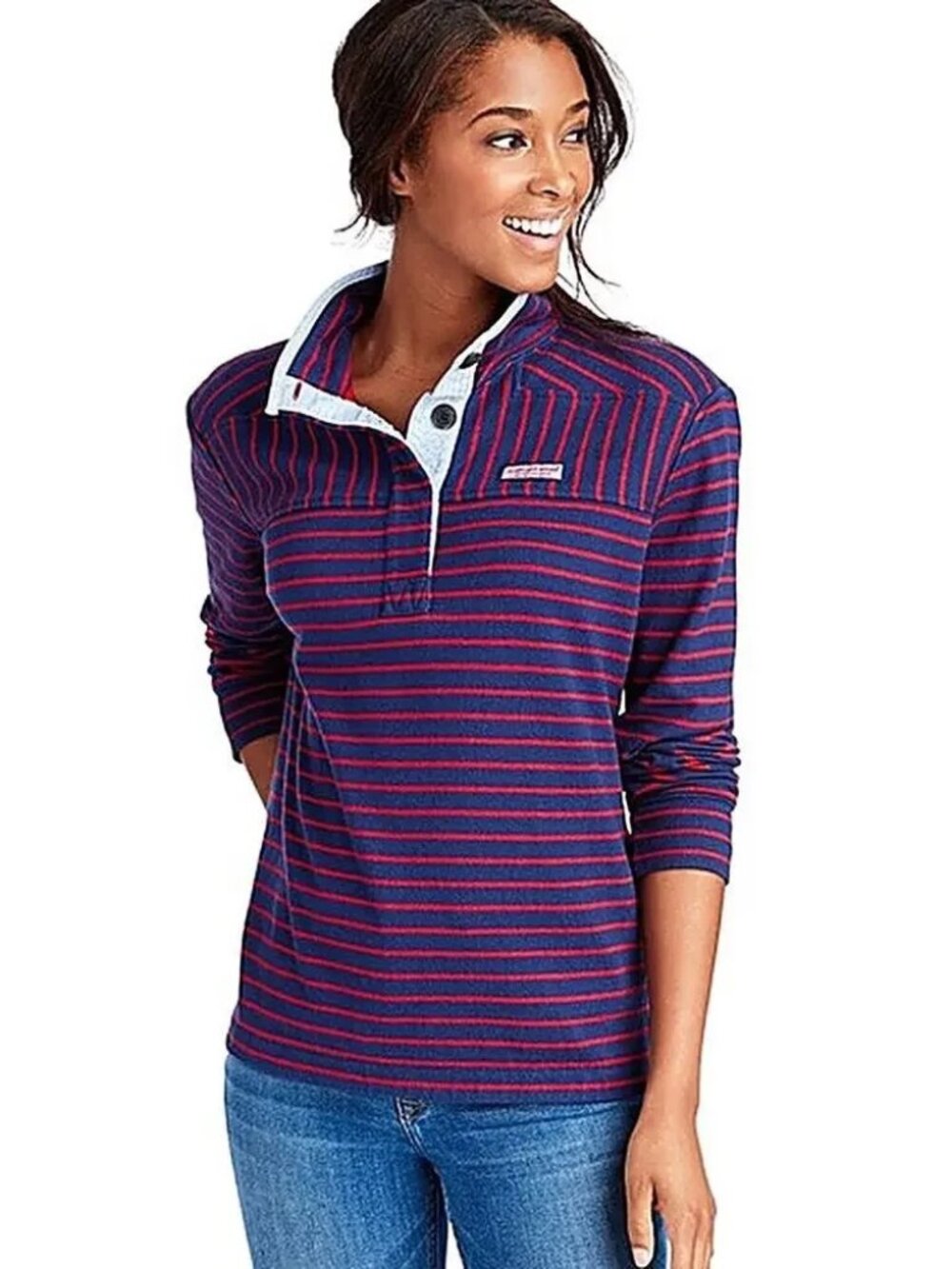 Vineyard Vines Women's Red Navy Striped LS 100% Cotton Shep Shirt Sweatshirt